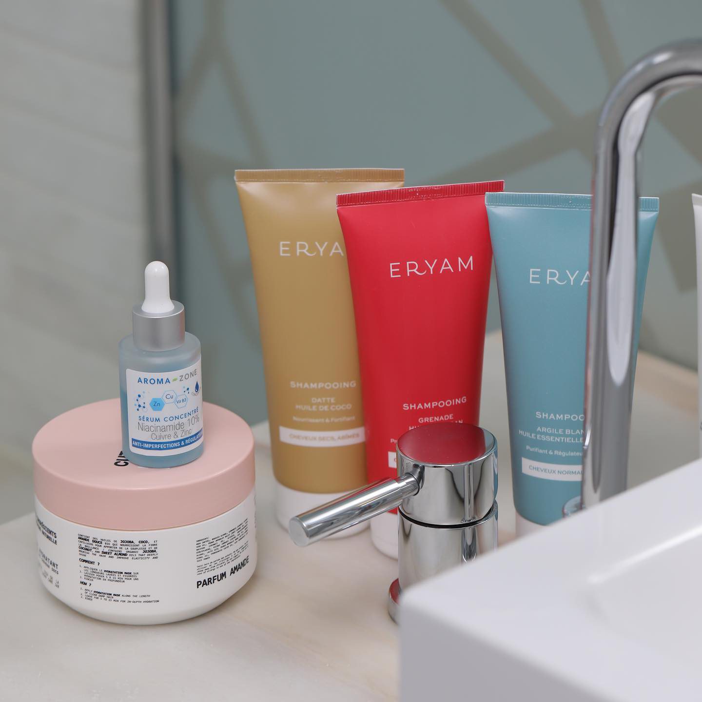 Eryam packs on a bathroom shelf