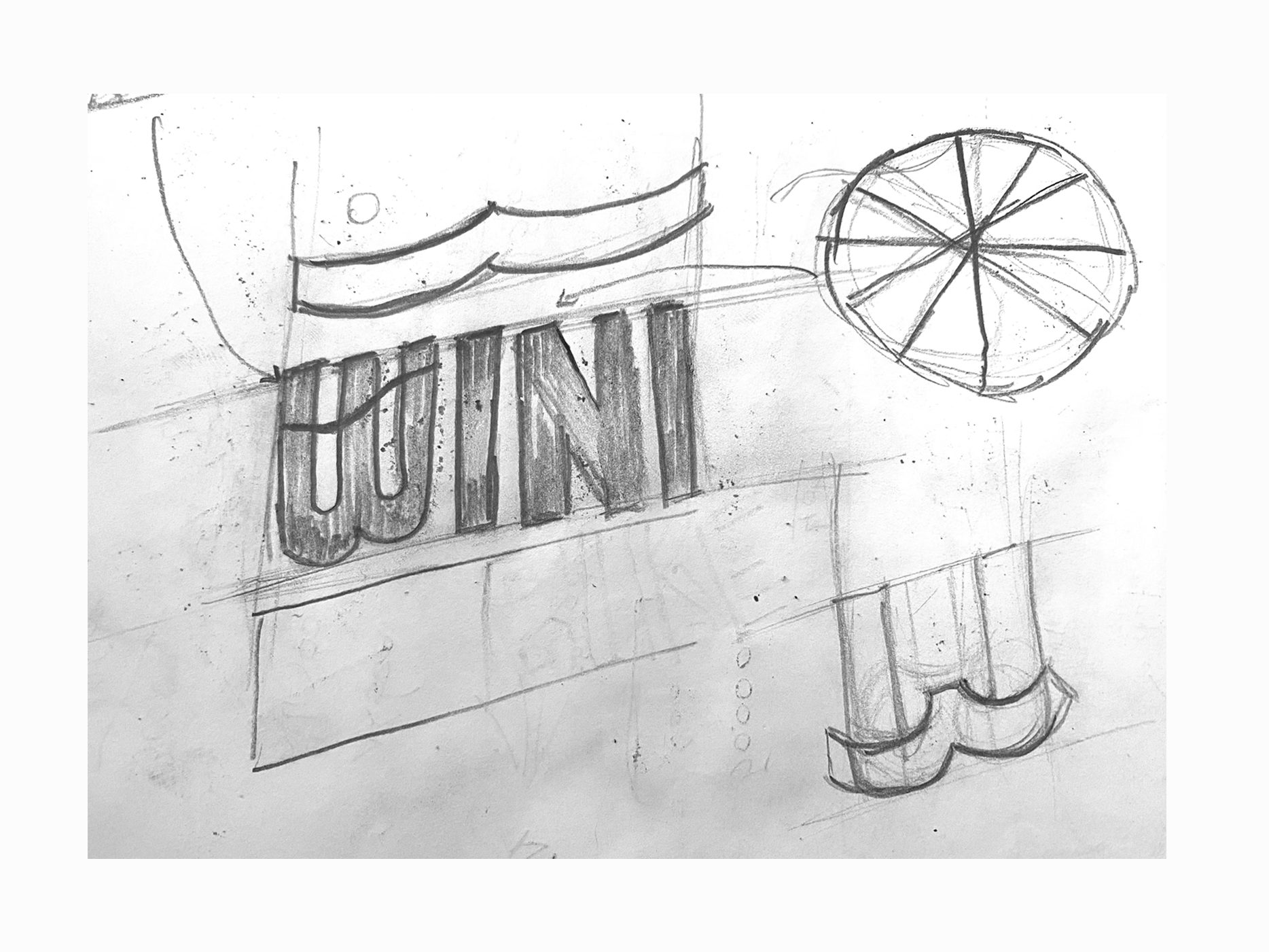Pencil sketches exploring the Wini Bike mark